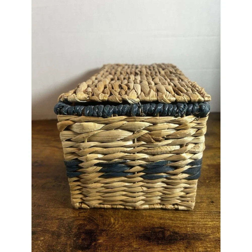 Woven Lidded Storage Basket Natural Blue Boho Bathroom Organizer Decorative Box